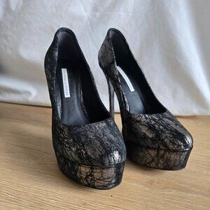 Vera Wang Lavender Metallic Silver Coated Black Leather Platform Heels